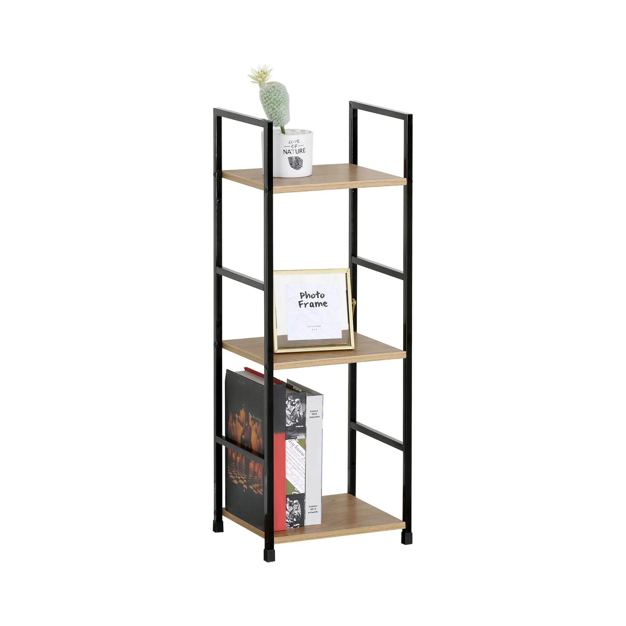 CARLA HOME 3 Tier Bookshelf - Wood Metal Display Shelf - Brown - Rustic - Steel - Living Room Office